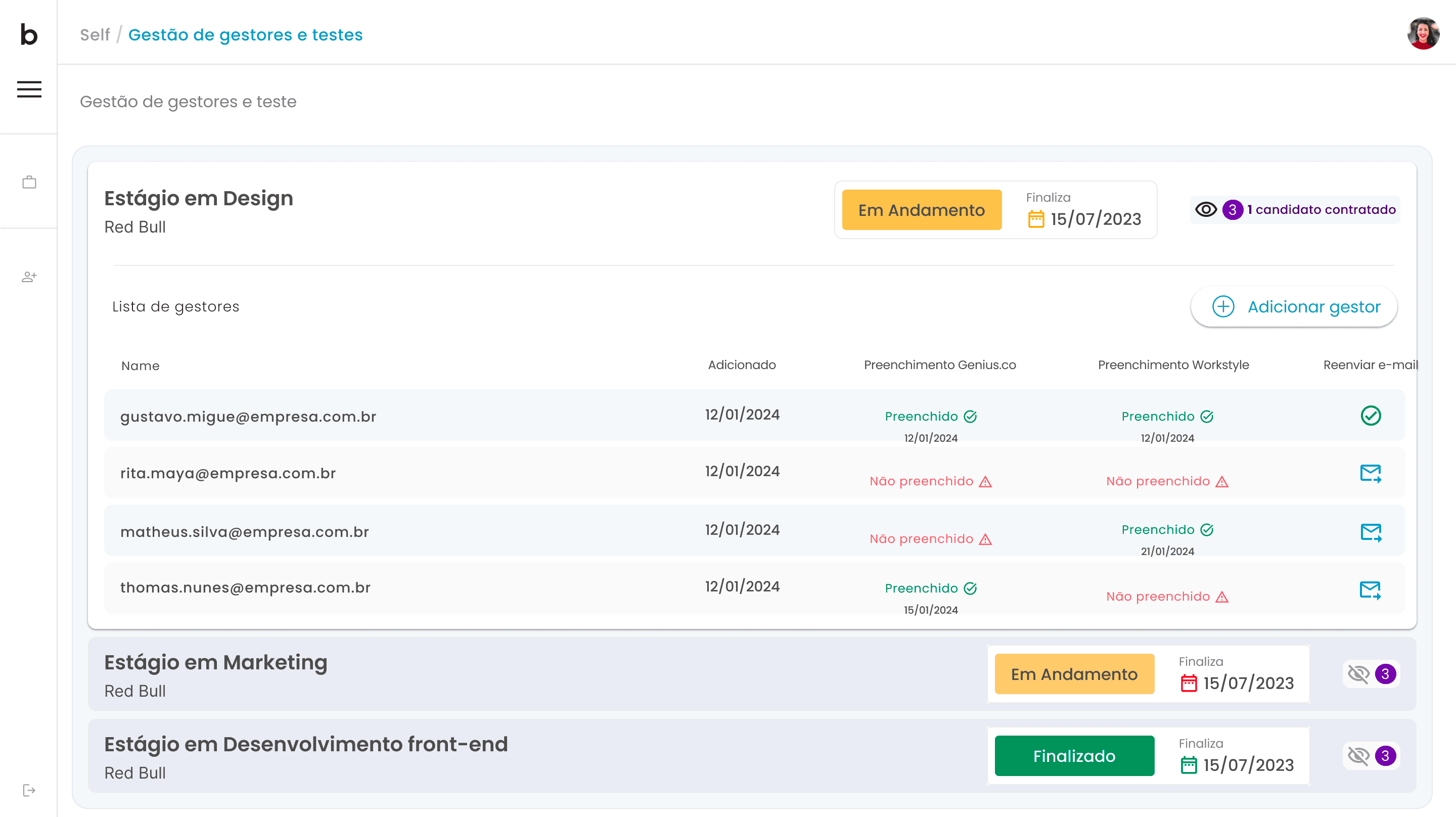 Gestão de Gestores e Testes