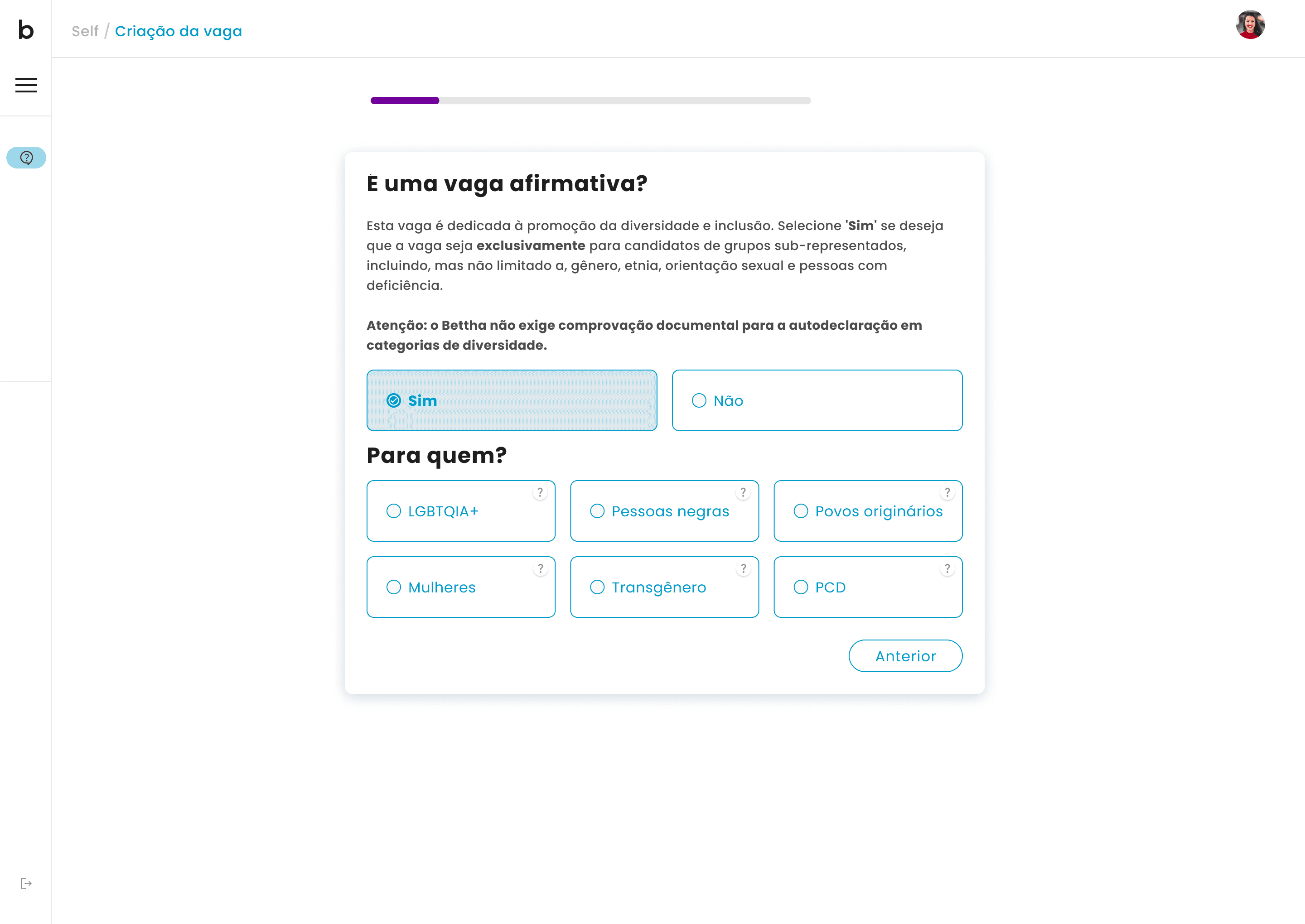 Uma das telas de criação de vaga