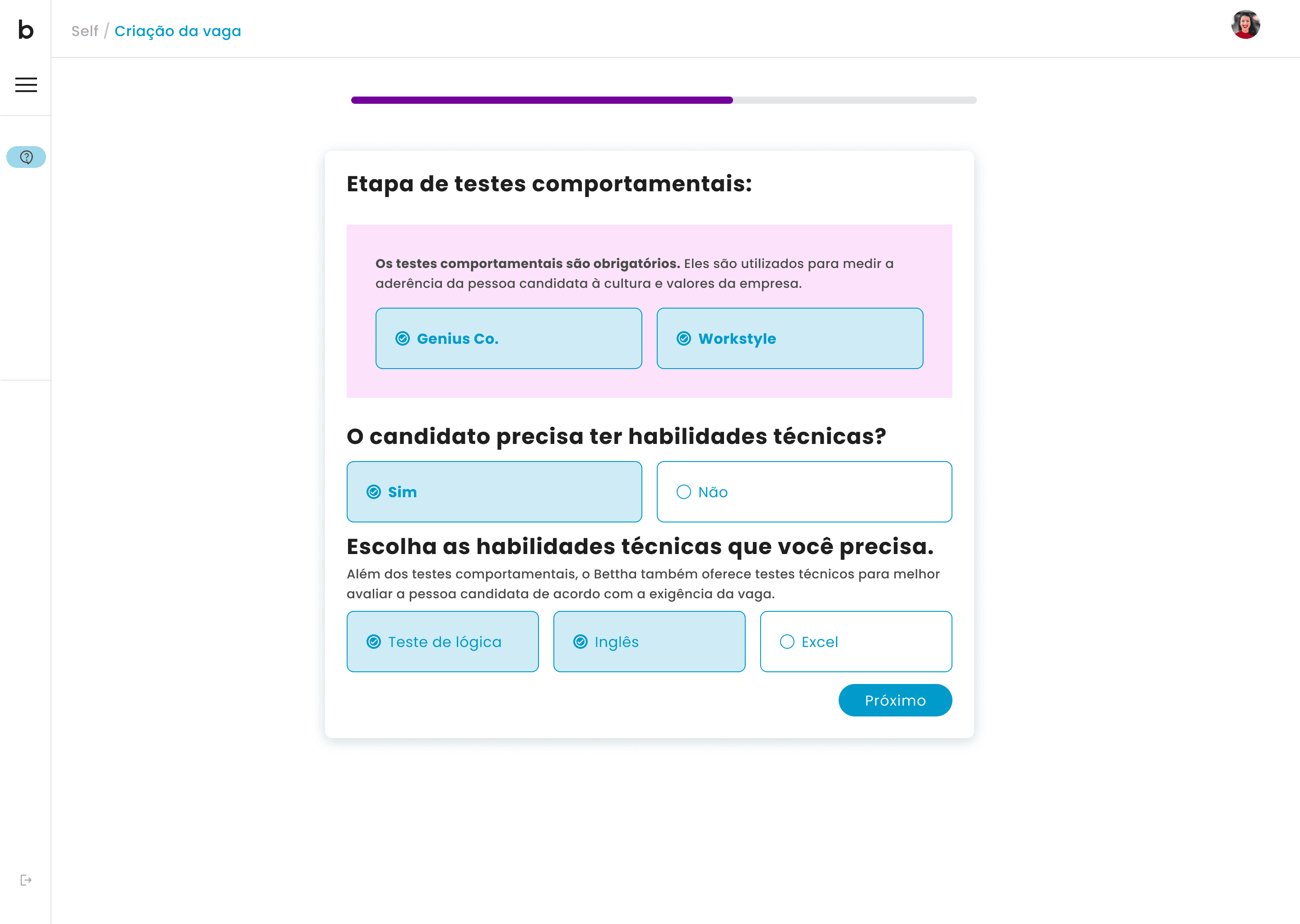 Outra tela de criação de vaga